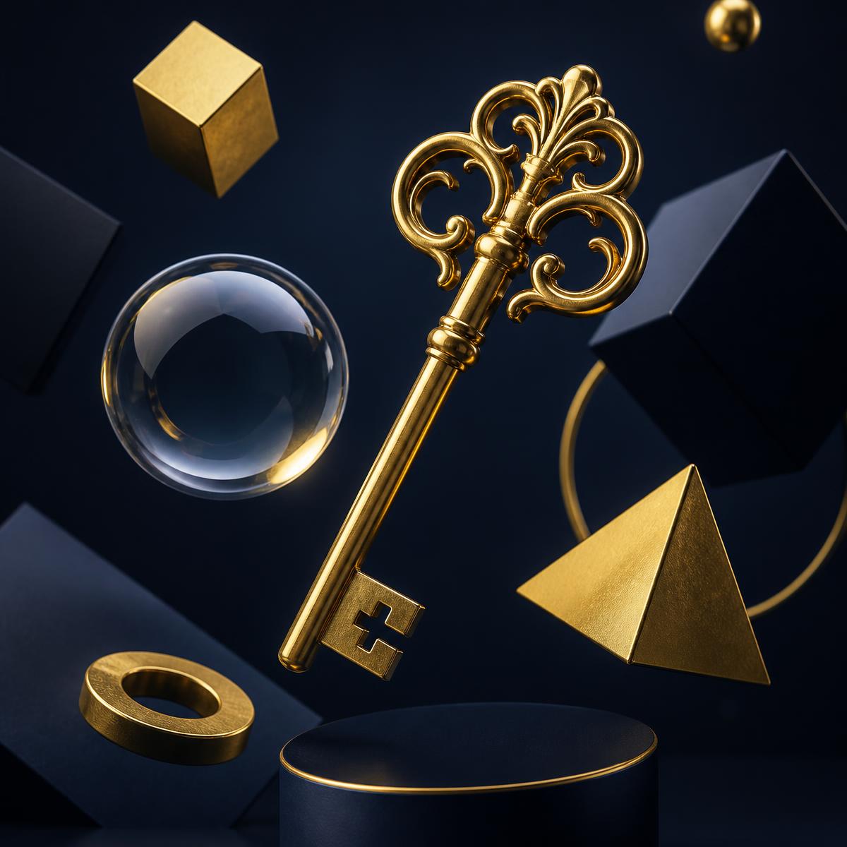 Floating gold key and geometric shapes symbolising bespoke access
